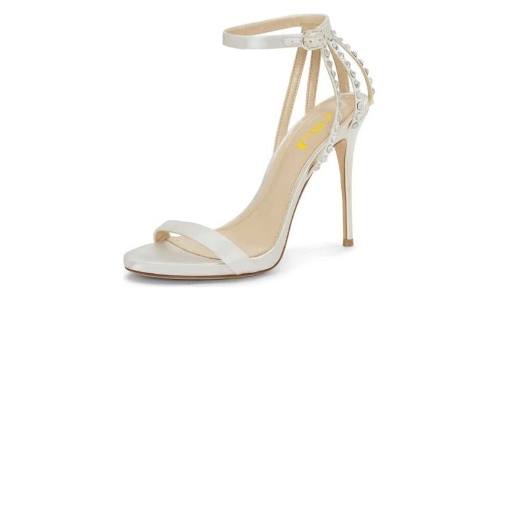 FSJ White Rivets Studded Ankle Strap Sandals Open Toe High Heels Summer Shoes